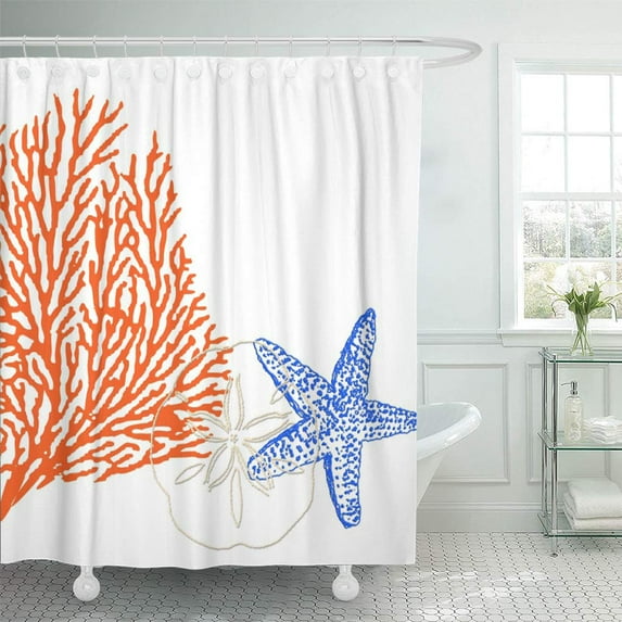 CYNLON Colorful Retro Pixdezines Orange Coral Starfish Blue Tropical Hawaii Bathroom Decor Bath Shower Curtain 60x72 inch