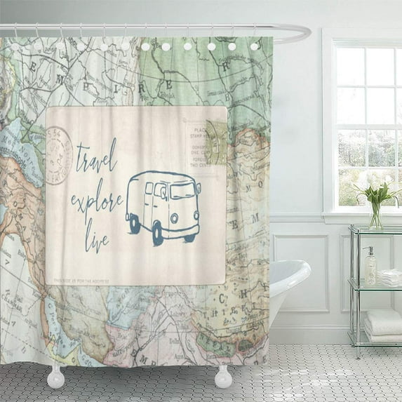 CYNLON Colorful Travel Vw Van Explore Maps The World Color Bathroom Decor Bath Shower Curtain 60x72 inch