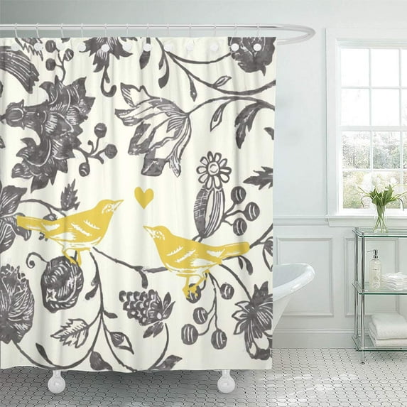 CYNLON Farmhouse Yellow Gray Vintage Floral Bird Pattern Modern Love Bathroom Decor Bath Shower Curtain 66x72 inch