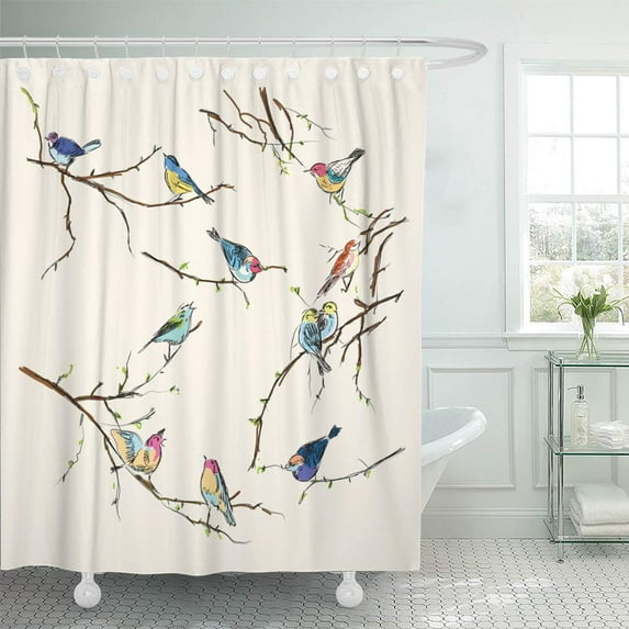 CYNLON Flower Colorful Watercolour Watercolor Birds Vintage of Little White Bathroom Decor Bath Shower Curtain 60x72 inch