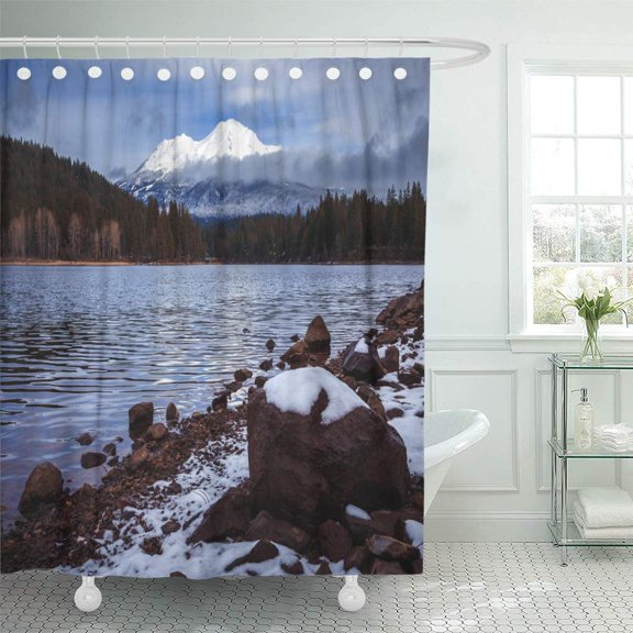 CYNLON Forest Cascade Lake Siskiyou Mount Shasta California Clouds Ice Bathroom Decor Bath Shower Curtain 66x72 inch