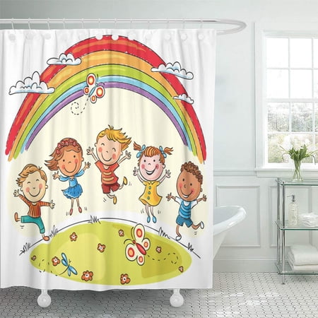 CYNLON Fun Kids Jumping Joy on Hill Under Rainbow Colorful Bathroom Decor Bath Shower Curtain 66x72 inch