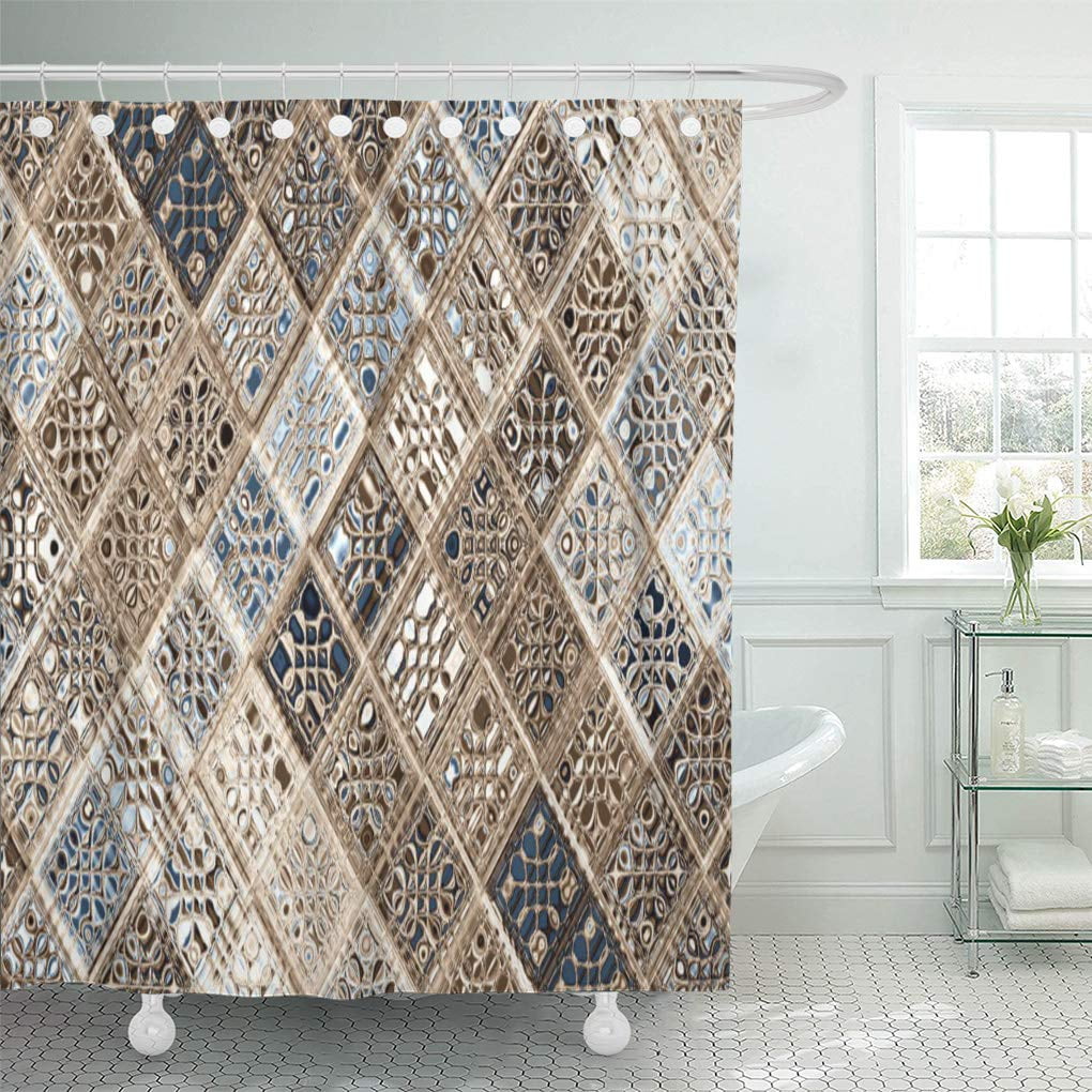 CYNLON Gray Argyle Slate Blue Brown Sari Mosaic Pattern Tan Bathroom