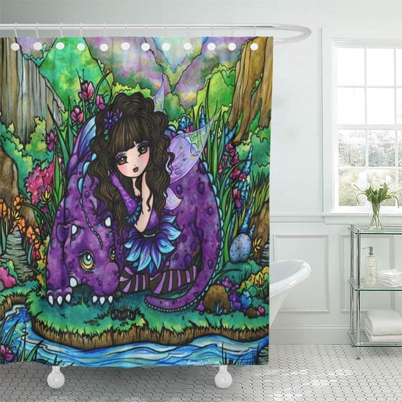 CYNLON Hannah Fairy Purple Dragon Nursery Lynn Dinosaur Cute Original Bathroom Decor Bath Shower Curtain 66x72 inch