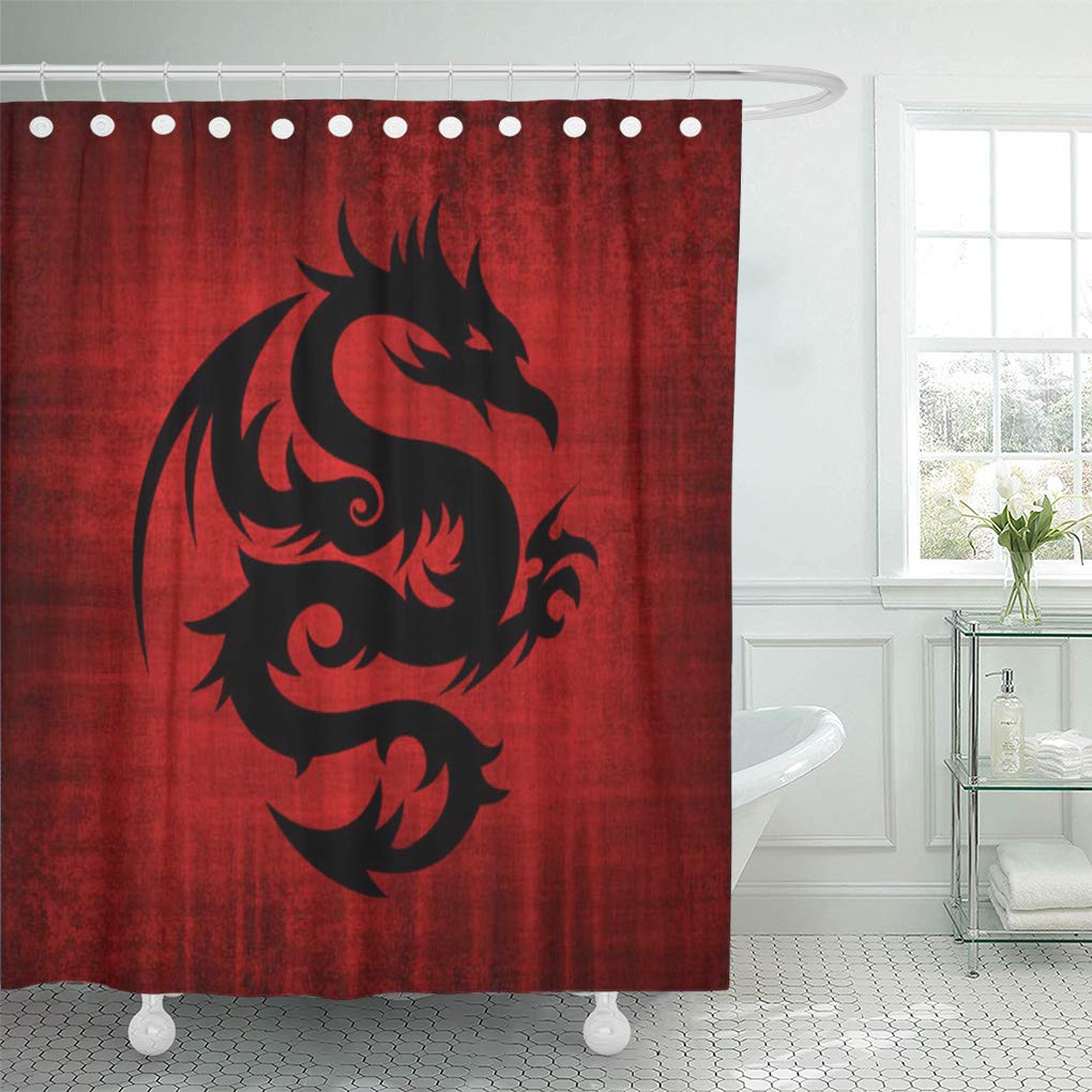 CYNLON Heraldic Medieval Red Velvet Dragon Bathroom Decor Bath Shower Curtain 60x72 inch