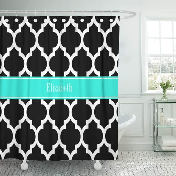 CYNLON Lattice Black White Moroccan BRT Aqua Name Pattern Trellis Bathroom Decor Bath Shower Curtain 60x72 inch