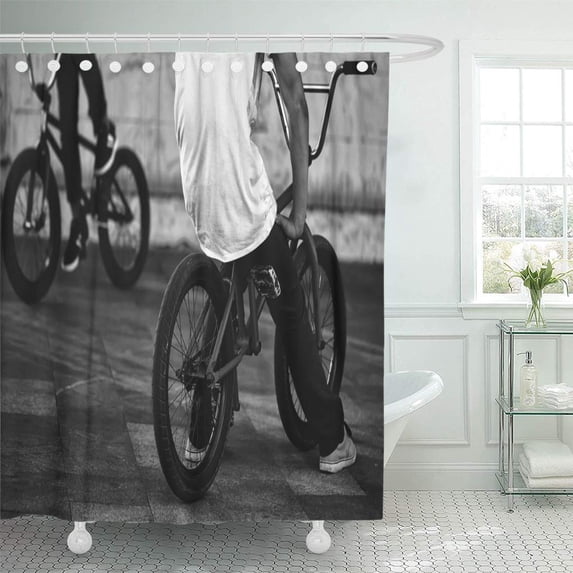 CYNLON Legs of Two Teenager Boys Sitting on Orange Bathroom Decor Bath Shower Curtain 60x72 inch