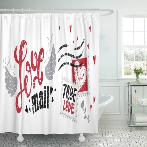 CYNLON Lettering Love Mail in The Form of Postage Stamp Bathroom Decor Bath Shower Curtain 60x72 inch