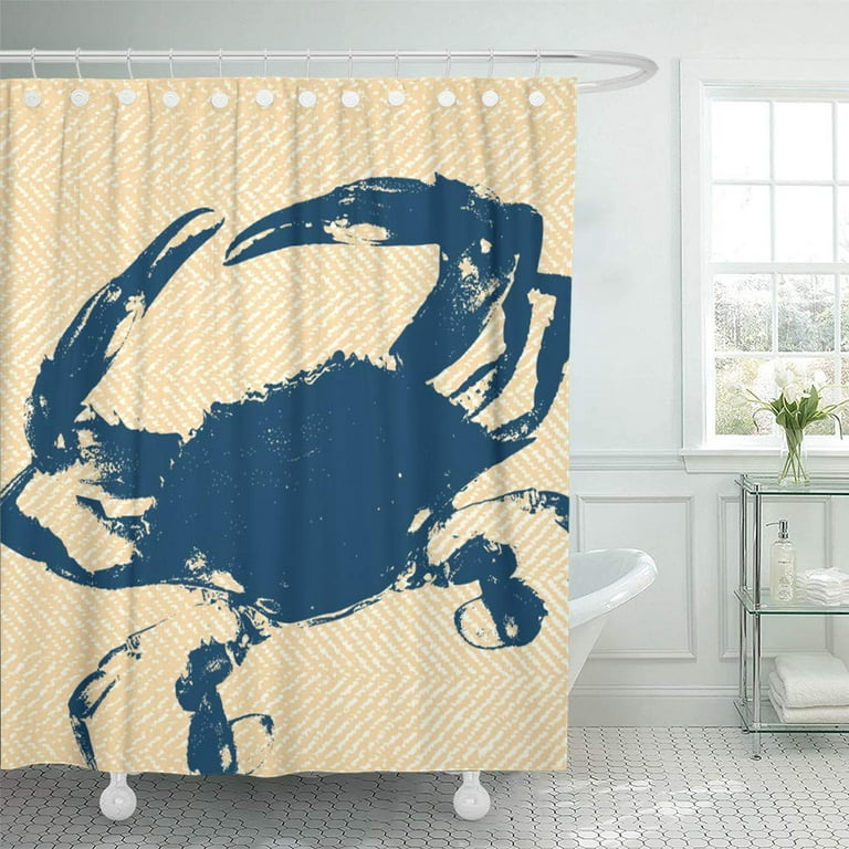 CYNLON Modern Coastal Yellow Herringbone Blue Nautical Elegant Crab Bathroom  Decor Bath Shower Curtain 66x72 inch 
