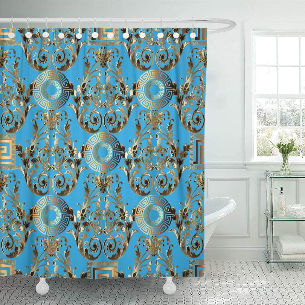 CYNLON Modern Floral Abstract Blue Vintage Gold 3D Baroque Damask