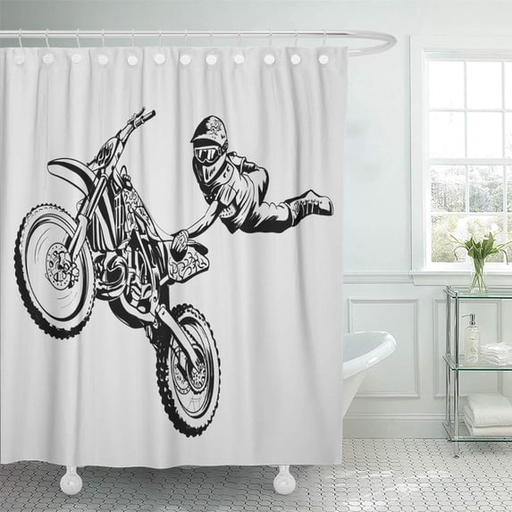 CYNLON Motocross Motorcycle Jump on Gray Bike Dirt Freestyle Chopper Cross Bathroom Decor Bath Shower Curtain 66x72 inch