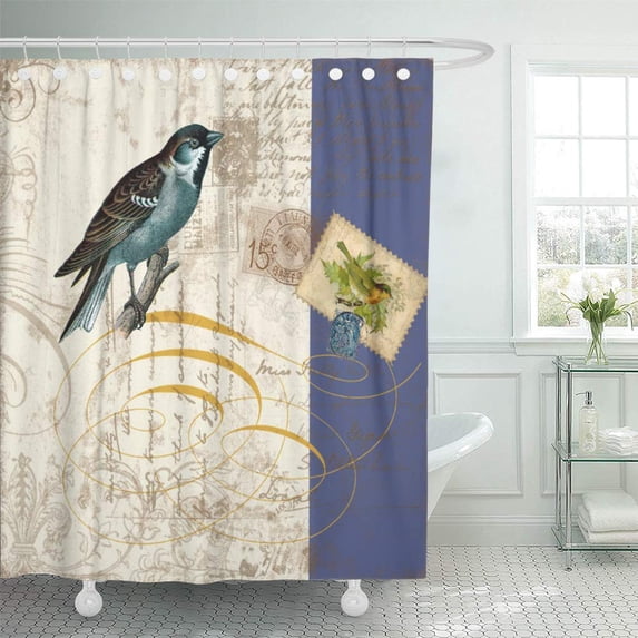 CYNLON Nature Vintage Birds Postage Stamp Songbird Swirl Song Floral Bathroom Decor Bath Shower Curtain 66x72 inch