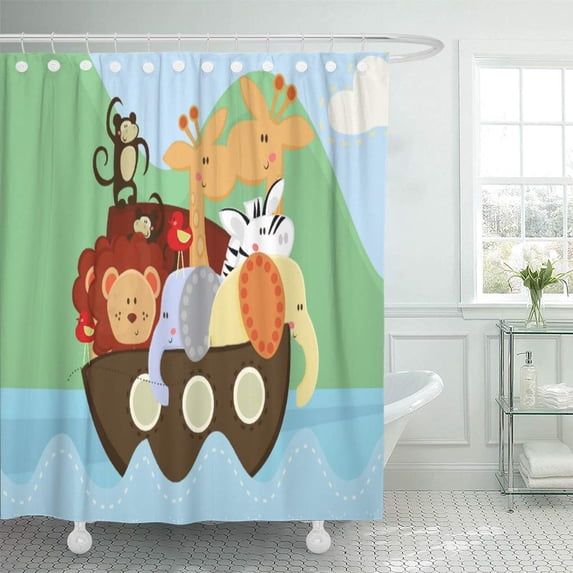 CYNLON Noah Ark Baby Giraffe Monkeys Elephants Lions Zebras Bathroom Decor Bath Shower Curtain 66x72 inch