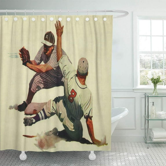 CYNLON Nostalgia Vintage Sports Baseball Player Sliding Into Nostalgic Americana Bathroom Decor Bath Shower Curtain 66x72 inch