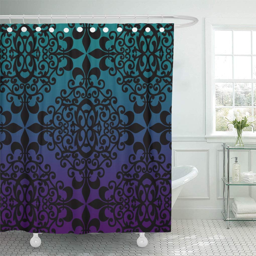 CYNLON Ombre Teal Black and Purple Damask Bathroom Decor Bath Shower