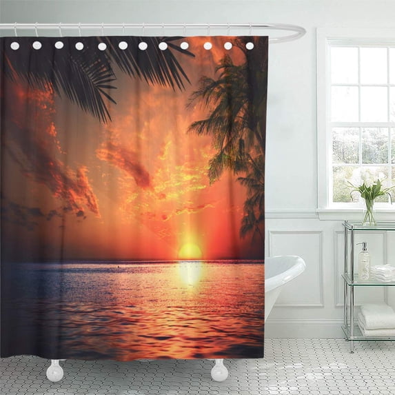 CYNLON Orange Red Beach Sunset Ocean Abstract Environmental Colorful Island Bathroom Decor Bath Shower Curtain 60x72 inch