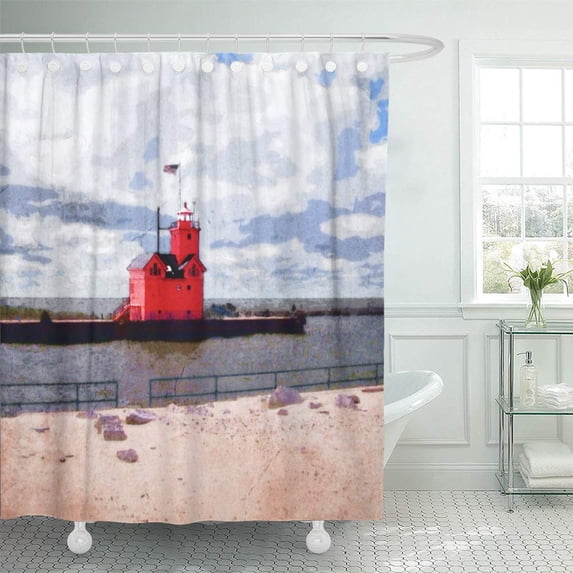 CYNLON Perkins Lake Michigan Lighthouse Digital Mixed Media Photography Light Bathroom Decor Bath Shower Curtain 66x72 inch