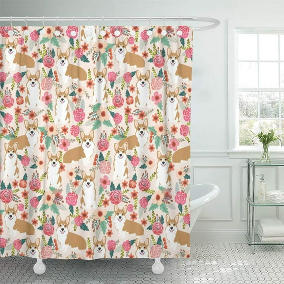 CYNLON Pet Welsh Corgi Floral Spring Dog Person Bathroom Decor Bath Shower Curtain 66x72 inch