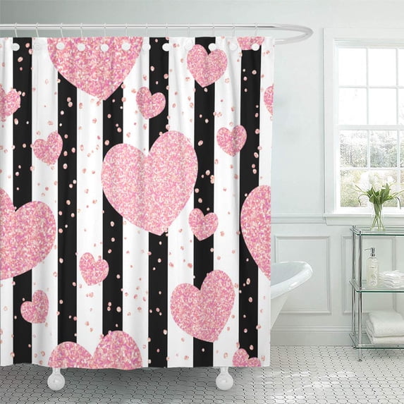CYNLON Pink Abstract Romantic Rose Hearts on Black Stripes White Bathroom Decor Bath Shower Curtain 60x72 inch
