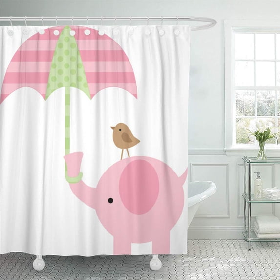 CYNLON Pink Elephant Girl Nursery Zoo Safari Umbrella Kids Bathroom Decor Bath Shower Curtain 60x72 inch