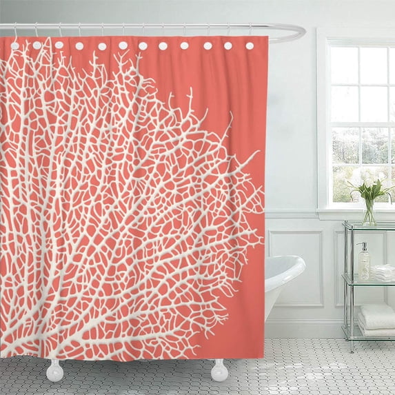CYNLON Pink Nautical Coral Branch Ocean Coastal Beach White Bathroom Decor Bath Shower Curtain 66x72 inch
