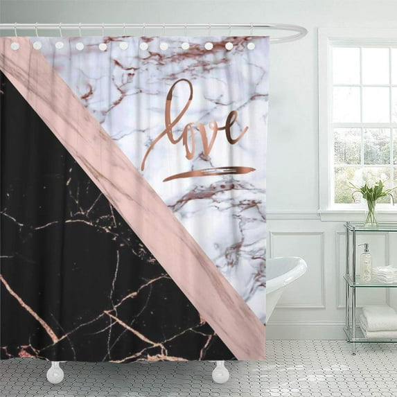 CYNLON Pink White Rose Marble Love Gold Black Stripe Bathroom Decor Bath Shower Curtain 66x72 inch
