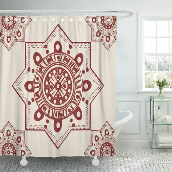 CYNLON Red Burgundy Moroccan Tribal Dot Tan Cream Bathroom Decor Bath Shower Curtain 60x72 inch