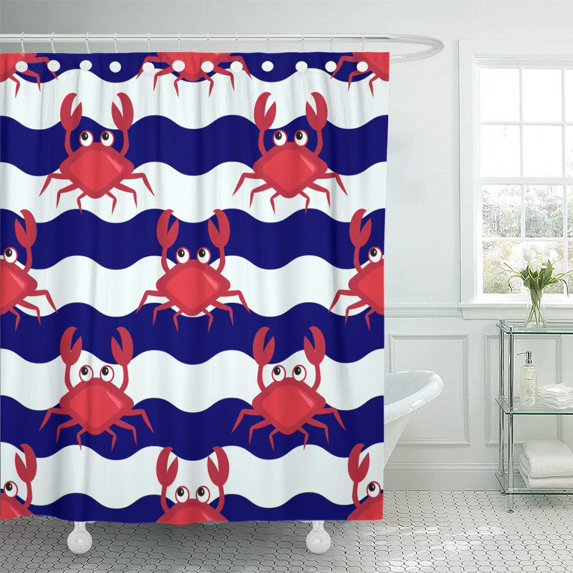 CYNLON Red Happy Crabs Nautical Pattern Cute and Striped Bathroom Decor Bath Shower Curtain 60x72 inch