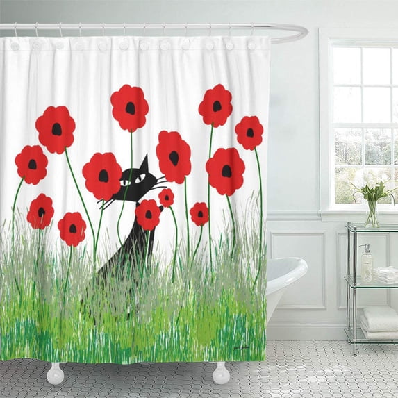 CYNLON Red Lovers Whimsical Cats Black and Lady Mom Crazy Bathroom Decor Bath Shower Curtain 60x72 inch