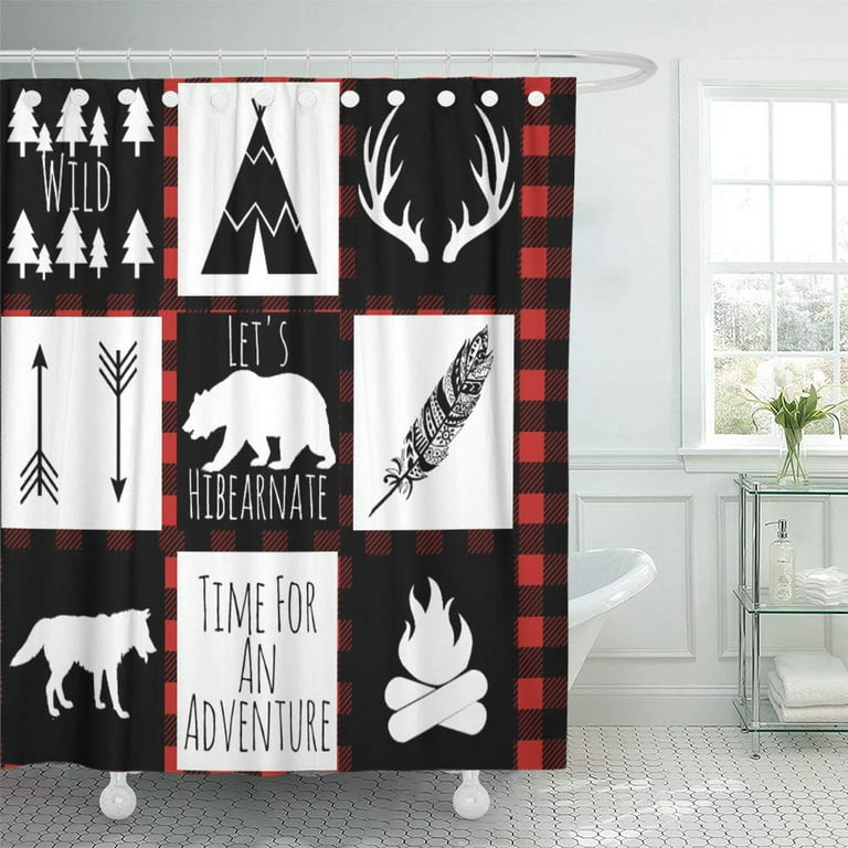 Black White Buffalo Check Plaid Bear Bath Shower Curtain Rustic Bathroom Decor Black White Buffalo Check Plaid Bear Bath Shower Curtain Rustic Bathroom Decor