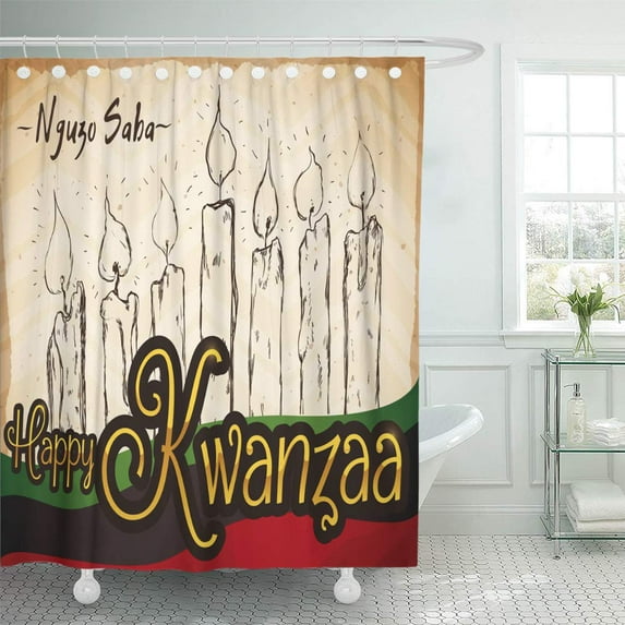CYNLON Retro Scroll Candles and Waving Flag for Kwanzaa Celebration Bathroom Decor Bath Shower Curtain 66x72 inch