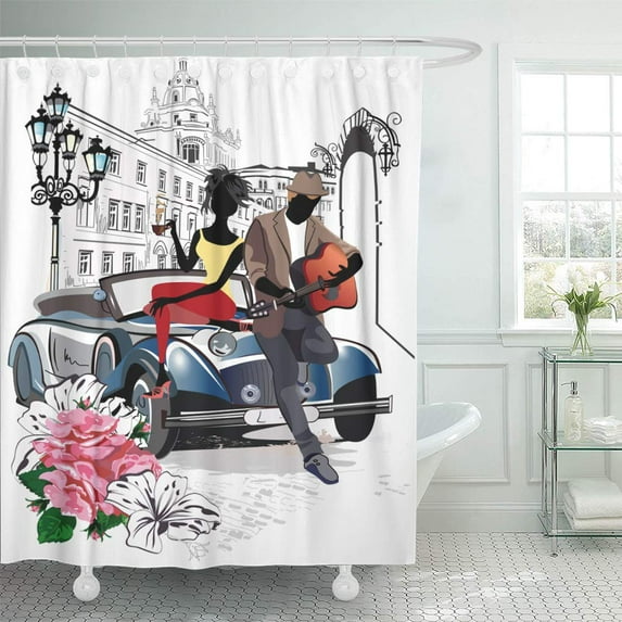 CYNLON Romantic Date in The City Street Woman Drinking Coffee and Bathroom Decor Bath Shower Curtain 60x72 inch