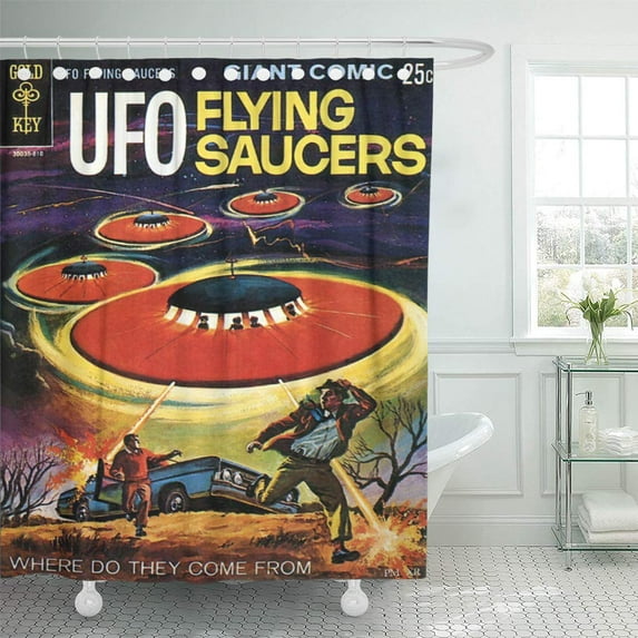 CYNLON Sci Vintage UFO Flying Saucer Alien Science Scary Invasion Bathroom Decor Bath Shower Curtain 60x72 inch