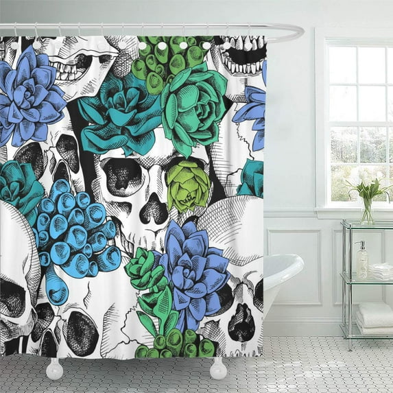 CYNLON Seamless Pattern Image of a Skull and Succulent Plant Bathroom Decor Bath Shower Curtain 66x72 inch