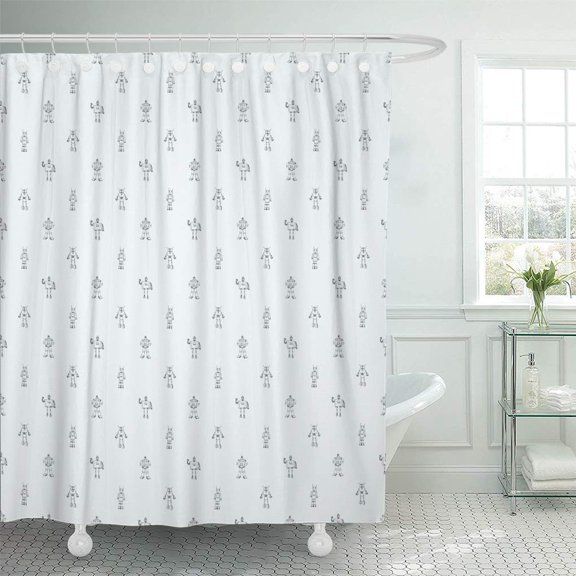 CYNLON Silver Alien Robot Doodle Pattern Science and Future Cartoon Bathroom Decor Bath Shower Curtain 66x72 inch