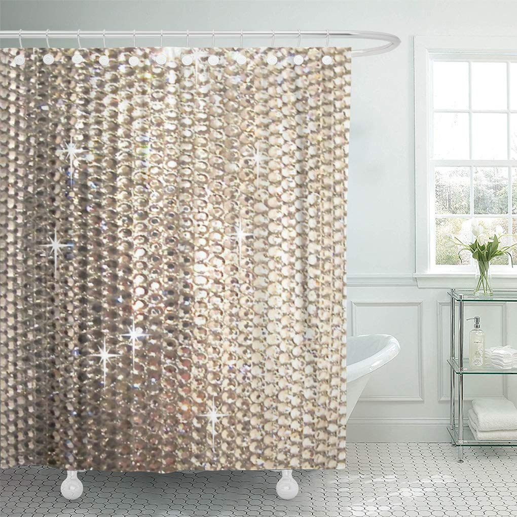 CYNLON Silver Sparkle Bling Neutral Tan Diamonds Gold Crystals Beads Bathroom Decor Bath Shower Curtain 60x72 inch - image 1 of 1