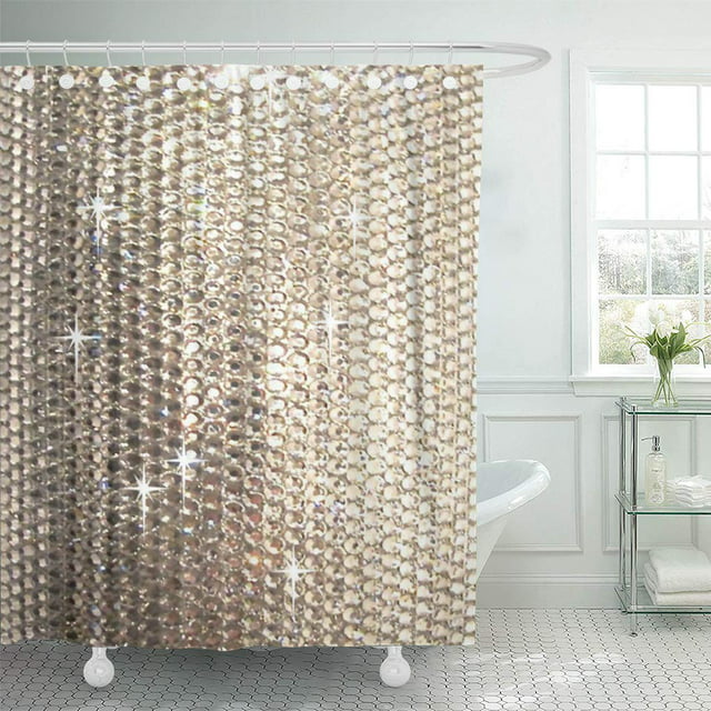 CYNLON Silver Sparkle Bling Neutral Tan Diamonds Gold Crystals Beads Bathroom Decor Bath Shower Curtain 60x72 inch