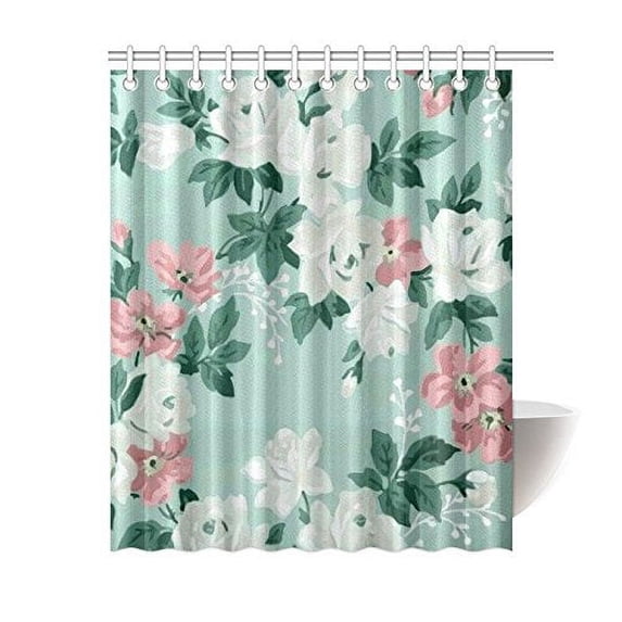 CYNLON Teal Floral Bathroom Bathroom Decor Bath Shower Curtain 60x72 inch