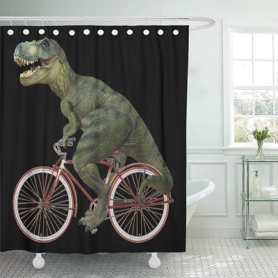 CYNLON Tyrannosaurus Rex Penny Farthing Bicycle Dinosaur Motocross Sports Cycling Bathroom Decor Bath Shower Curtain 66x72 inch