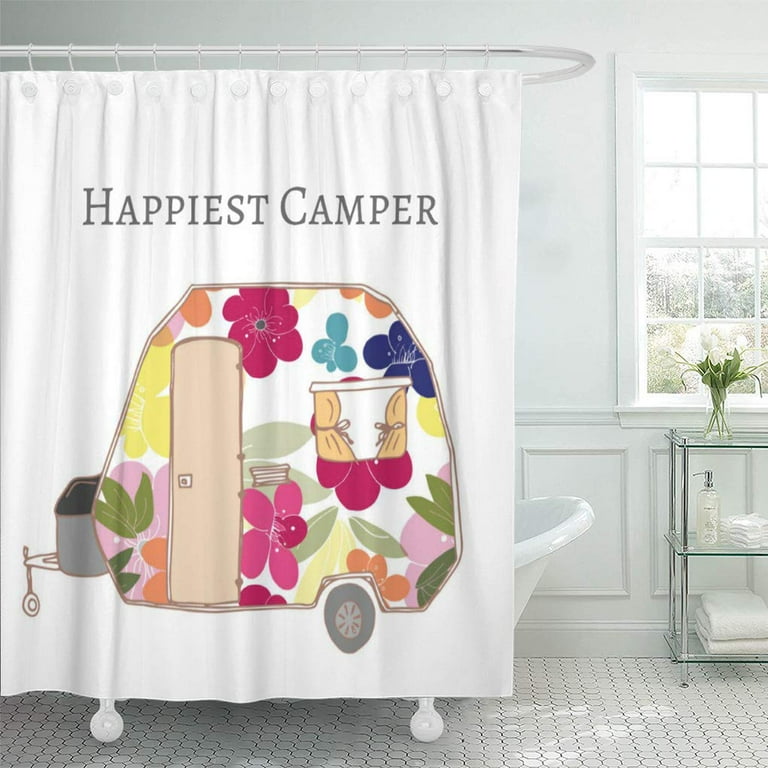 CYNLON Vintage Happy Camper Trailer Flowers Travel Adventure Bathroom Decor Bath Shower Curtain 66x72 inch Walmart