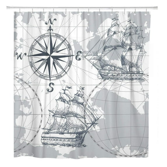 CYNLON Vintage Sea Map Compass and Sailing Ship Perfect Boat Bathroom Decor Bath Shower Curtain 66x72 inch