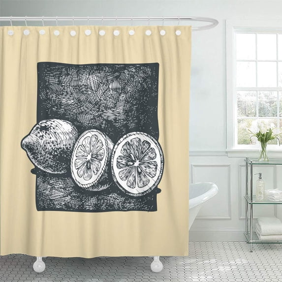CYNLON Vintage of Lemon As Engraving Bio Cartoon Citrus Culture Bathroom Decor Bath Shower Curtain 66x72 inch