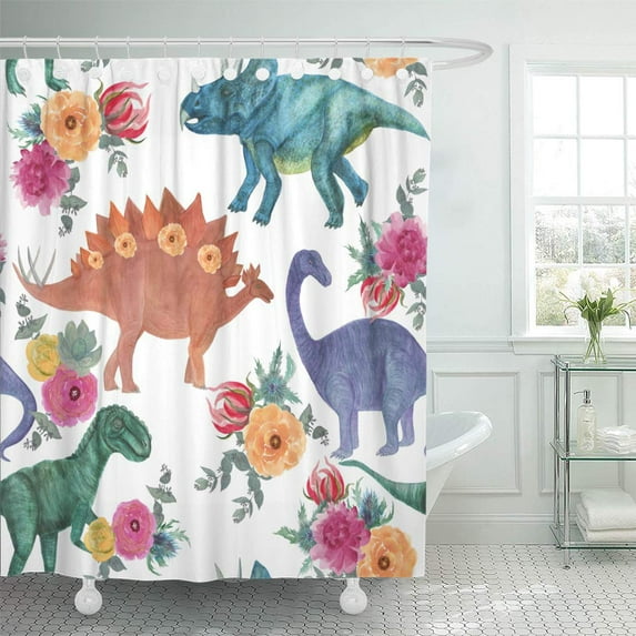 CYNLON Watercolor Painting Seamless Pattern Dinosaurs and Flowers Art Bathroom Decor Bath Shower Curtain 60x72 inch
