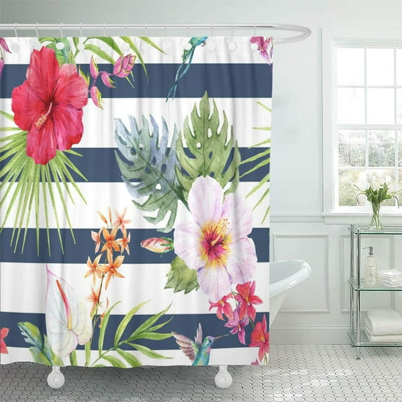 CYNLON Watercolor Tropical Flower Pattern Hibiscus Palm Leaves Orchids Bright Summer Bathroom Decor Bath Shower Curtain 60x72 inch