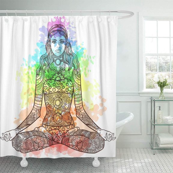 CYNLON Woman Sitting in Yoga Lotus Pose Tattoo Mehendi Zentangle Bathroom Decor Bath Shower Curtain 60x72 inch