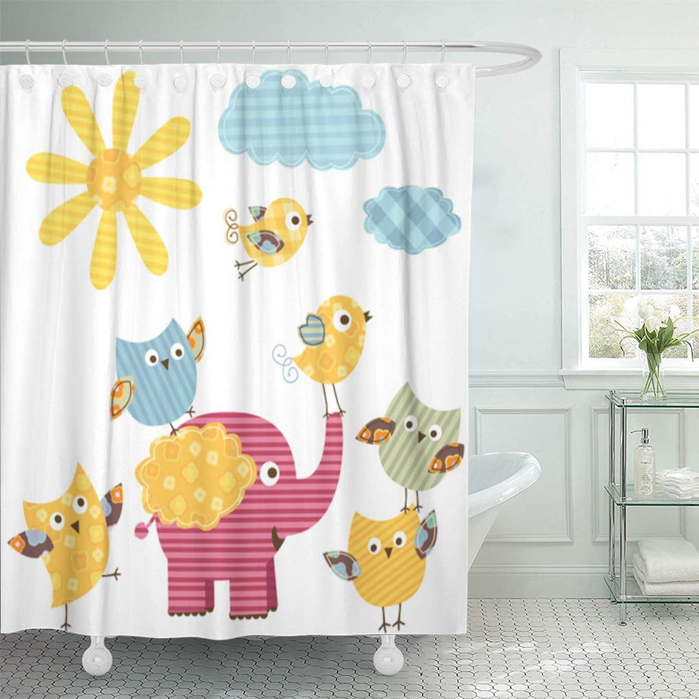 CYNLON Yellow Blue Cute Happy Birds Elephant Colorful Baby Bathroom Decor Bath Shower Curtain ...