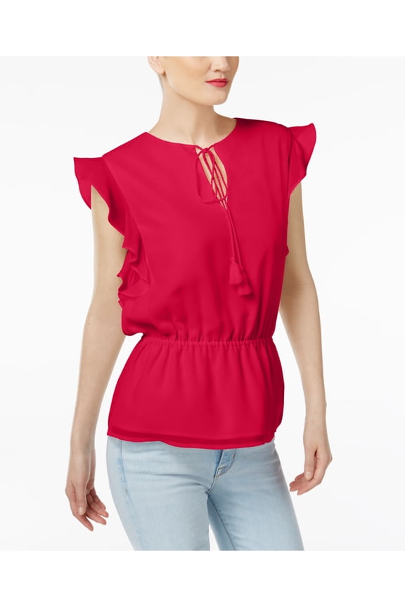 Womens Pink Tie Cap Sleeve V Neck Top M