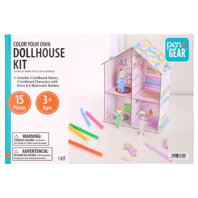 Pen+Gear Color Your Own Cardboard Dollhouse Kit, 15 Pieces