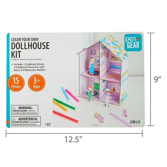 Pen+Gear Cardboard Color Your Own Dollhouse Kit, 15 Pieces