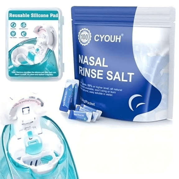 CYOUH Natural Saline Powder Packets for Sinus Wash and Nasal Irrigation, 100 Count+10 Reusable Silicone Pads Refills Accessories